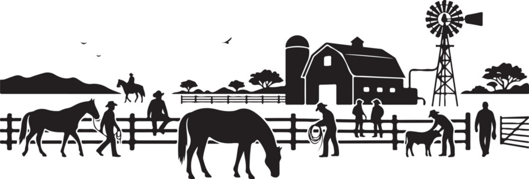 Farm, rural landscape, black silhouette, vector icons, farmhouse, barn, horses, windmill