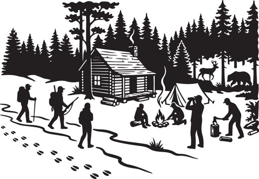 Camping, wilderness adventure, outdoor recreation, vector illustration, black and white