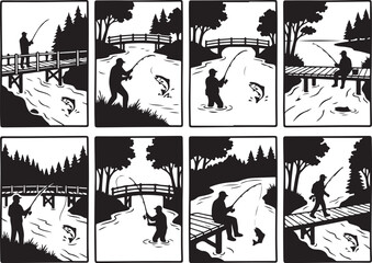 Obraz premium Fishing, man fishing, bridge, river, silhouette, vector illustrations, 8 scenes