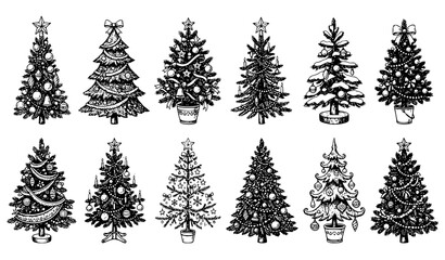 Obraz premium Decorated Christmas Tree Collection with Evergreen Holiday Pine Trees and Festive Seasonal Ornament Designs