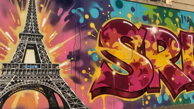 Vibrant street art mural featuring large stylized graffiti lettering and a monochrome illustration of the Eiffel Tower, showcasing colorful spray paint drips and abstract splashes in Paris.