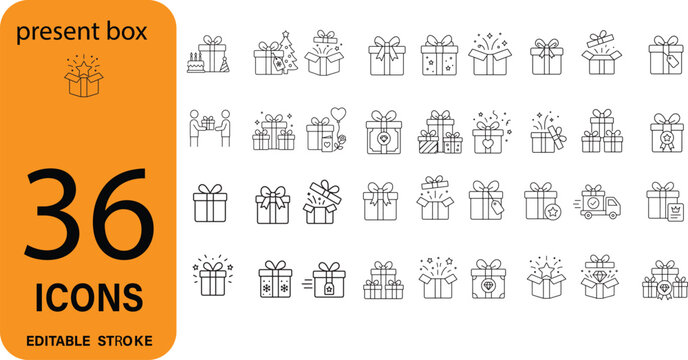 Holiday Present Box and Special Occasion Gift Line Icon Set Featuring Unboxing Surprises Christmas Ribbons Birthday Packages and E-Commerce Deliveries