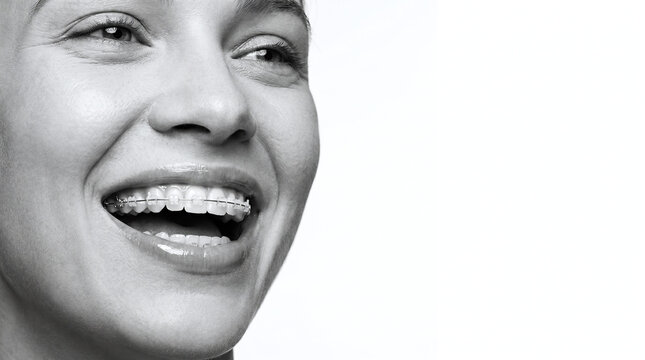 Close-up black and white portrait of a woman with braces smiling broadly