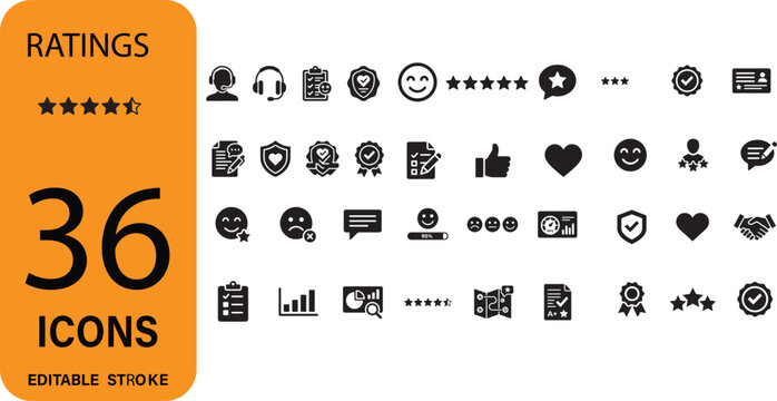 Customer Feedback Ratings and Performance Review Solid Icon Set Featuring Star Testimonials Customer Support Agents Satisfaction Emojis and Service Analytics
