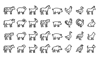 Farm Animal Outline Icon Collection Featuring Cow Goat Sheep Horse Chicken Duck and Rabbit © MstNadiya