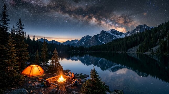 Milky way camping with glowing tent and campfire by mountain lake in long exposure photography for travel and adventure marketing