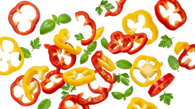 Red and yellow bell pepper slices falling with fresh green herbs on white background in sharp studio focus for culinary marketing