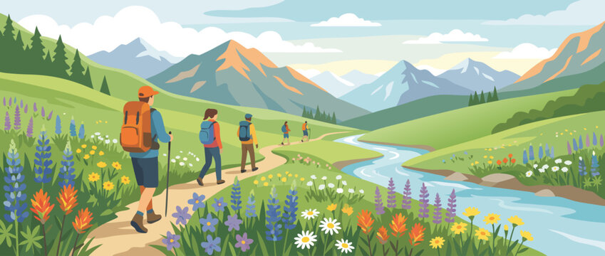 Flat vector illustration of a scenic mountain trail featuring hikers traversing lush alpine meadows filled with colorful wildflowers under a bright blue sky, adventure and nature.