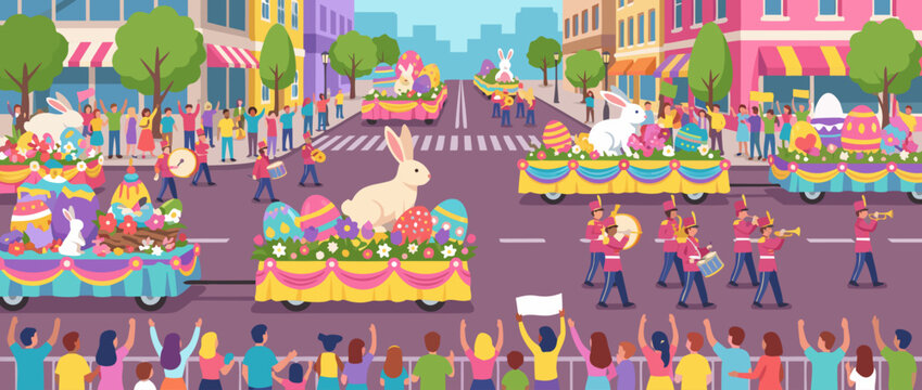 Festive flat vector illustration of a lively Easter parade featuring colorful decorated floats, energetic marching bands, and a joyful holiday atmosphere in a sunny, crowded town square.