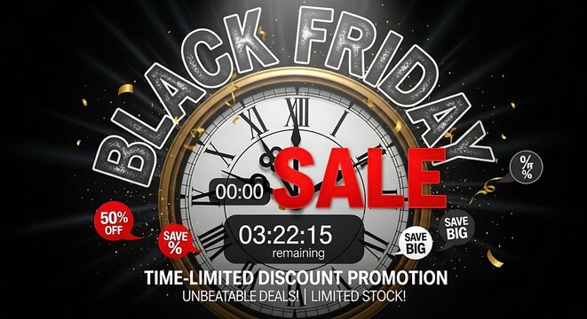 Black Friday sale clock with countdown timer and discount offers on transparent background
