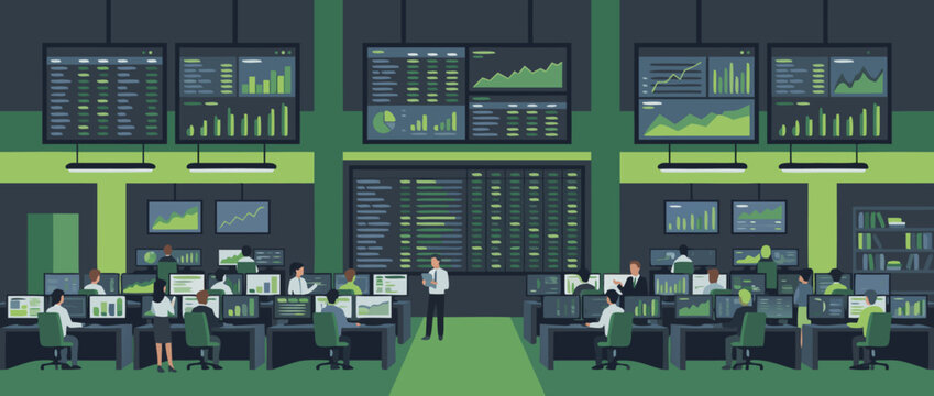 Modern financial trading floor illustration featuring a high-tech office with multiple computer screens displaying real-time stock market data, graphs, and charts for professional investments.