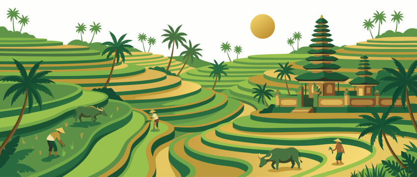 Flat vector illustration of a traditional Balinese rice terrace featuring iconic emerald green steps, an ancient temple, and tropical palm trees for an exotic travel destination landscape scene.