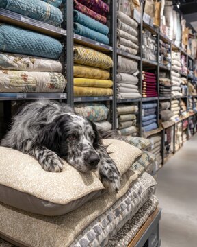 Black and white spaniel resting on stacked cushions in home goods store aisle for design poster background and retail lifestyle concept