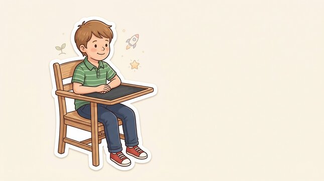 Happy schoolboy sitting at desk in classroom
