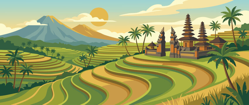Flat vector illustration of traditional Balinese rice terraces with a historic temple and lush tropical palm trees under a bright sky, capturing the beautiful cultural landscape of Bali, Indonesia.