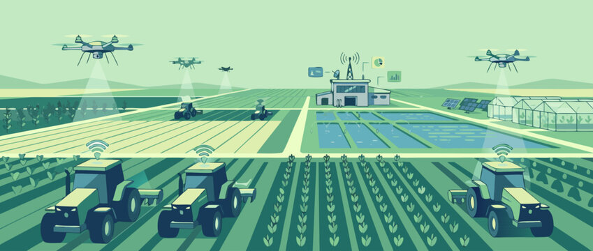 Flat vector illustration of a modern precision agriculture scene featuring GPS guided tractors and sensors in a vast field, showcasing high-tech farming technology and sustainable crop management.