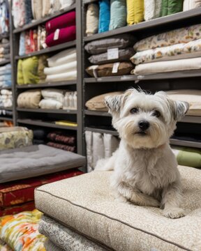 Small white terrier portrait in home decor store with stacked pillows and cushions for design poster background and pet lifestyle concept