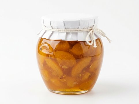 Apricot preserves jar resting on white background in sharp focus macro studio shot for organic food and culinary product marketing