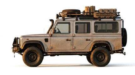Obraz premium Expedition off-road vehicle equipped with adventure gear isolated on white background in sharp focus studio shot for automotive marketing