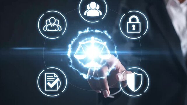 Businessman interacting with futuristic security icons on a dark background