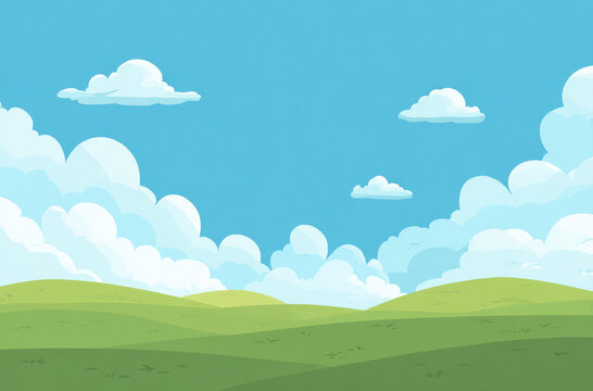 A minimalist flat illustration depicting a bright blue sky with fluffy clouds above rolling green grassy hills, a calm pastoral landscape.