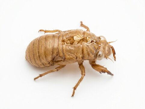 Cicada exoskeleton molted shell isolated on white background in sharp focus macro shot for entomology education and nature marketing