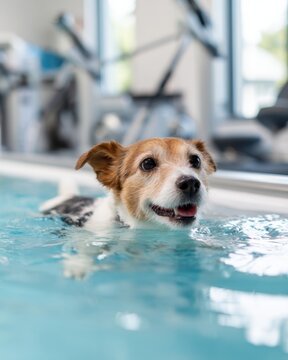 Jack russell dog in indoor hydrotherapy pool for pet rehabilitation and fitness for design, card, poster, background