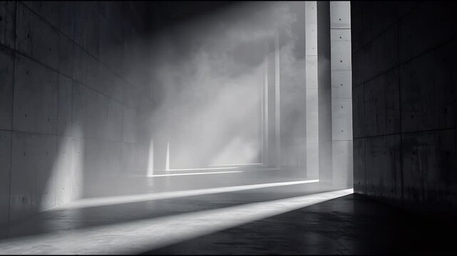 Atmospheric concrete corridor with dramatic light rays and ethereal mist creating a mysterious and moody ambiance