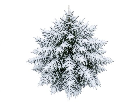 Snow covered spruce tree viewed from top angle on white backdrop in sharp focus studio shot for winter holiday marketing
