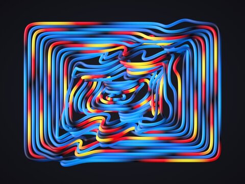 Neon tubes twist and loop in a maze-like pattern, glowing with vibrant blue, red, and yellow hues against a dark background. 3d render illustration.