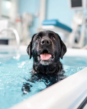 Black labrador dog swimming in indoor hydrotherapy pool for pet rehabilitation and fitness for design, card, poster, background