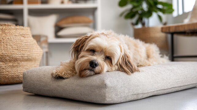Sleeping small dog on gray lounge cushion in cozy modern living room for pet comfort and lifestyle background and social media content