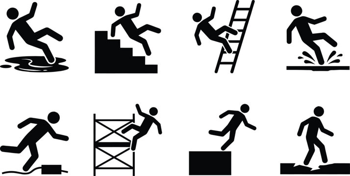 Workplace Fall Hazard Silhouette Icons Collection for Safety Training and PreventionWorkplace Fall Hazard Silhouette Icons Collection for Safety Training and Prevention