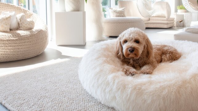 Small fluffy dog relaxing on round faux fur bed in bright boho living room for pet comfort and interior design background