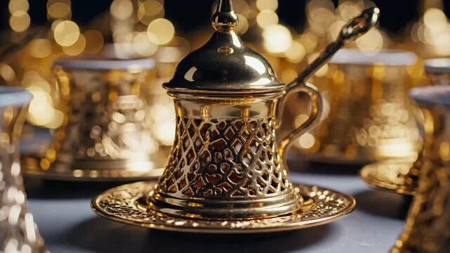 Golden tea set with intricate designs on a table with several cups