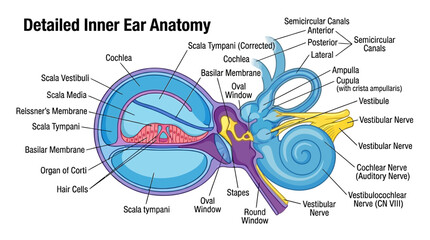 Detailed anatomical illustration of the human inner ear with labeled parts in a medical style against a clean white background. © Dhiyak
