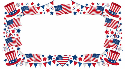 Obraz premium A festive 4th of July frame template featuring American flags, patriotic top hats, stars, and celebratory bunting banners over a clean white background with a central blank copy space for text.