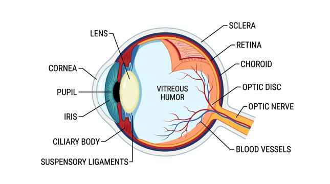 Detailed anatomical diagram of a human eye with labeled parts including cornea, pupil, retina, and optic nerve on a clean white background.