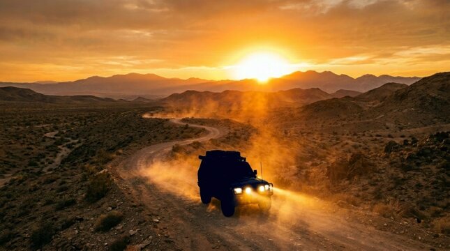 Off-road suv traverses dusty mountain trail during sunset in a high-contrast wide shot for automotive branding