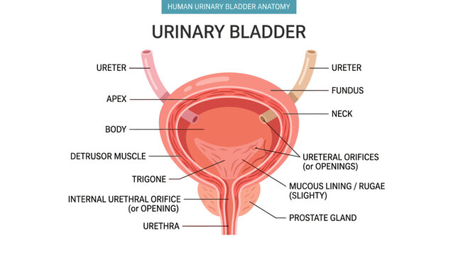 Detailed anatomical illustration of a human urinary bladder with labeled parts on a clean white background.