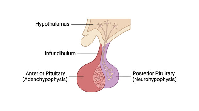 Detailed anatomical illustration of the human brain's pituitary gland and hypothalamus with labeled parts.