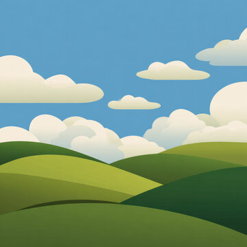A stylized flat illustration depicts smooth rolling green hills and fluffy white clouds under a bright clear blue sky, forming a serene pastoral landscape.