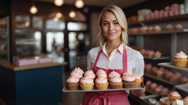 Portrait of a successful female entrepreneur and small business owner in her artisan bakery. Confident bakery owner standing among freshly made cupcakes