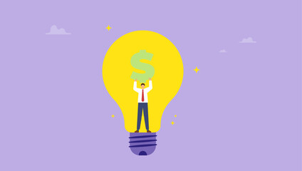 Businessman standing inside of light bulb and holding dollar sign. Idea or creativity make money and profit concept. © yedsgn
