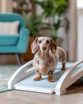 Dapple dachshund standing on pet ramp indoors for mobility aid, pet care website header and veterinary social media banner