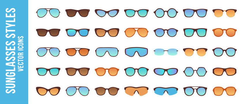 Comprehensive set of 32 vector icons showcasing various sunglasses and eyewear styles, designed with smooth gradients and a modern flat aesthetic for fashion accessories and summer themes.
