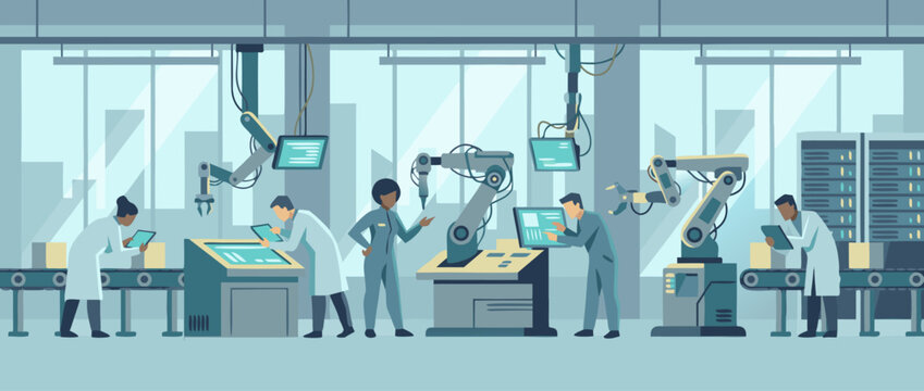 Flat vector illustration of a high-tech robotics laboratory where expert engineers are programming sophisticated mechanical arms and robotic systems in a modern, clean, and advanced workspace.
