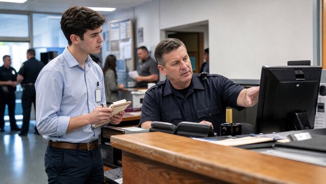 Law enforcement official guiding young colleague.