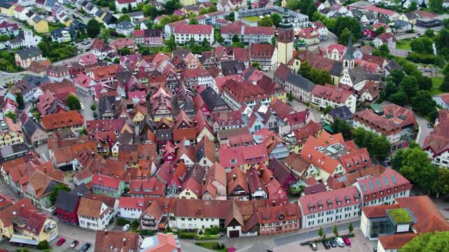 Panoramic aerial view beside the old town of the city Haslach im Kinzigtal beside the black forest in Germany on a sunny noon  day in spring.