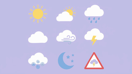 Obraz premium Set of various weather forecast icons and symbols on purple background